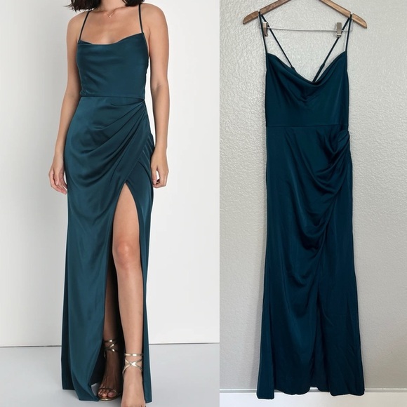 NWOT Moments of Beauty Dark Teal Satin Cowl Neck Tulip Maxi Dress - Picture 1 of 9